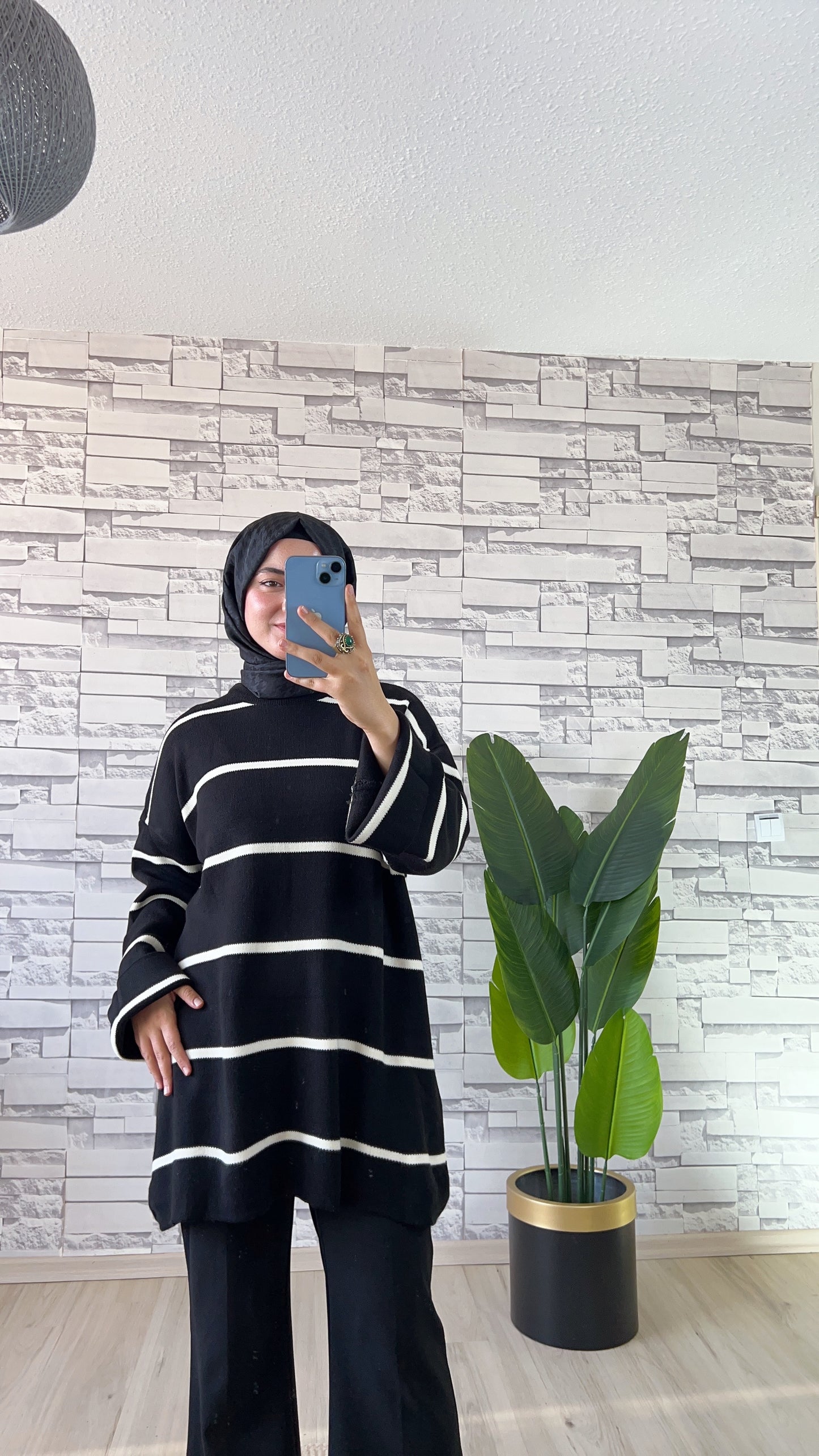 Çizgili Oversize Triko Kazak Siyah