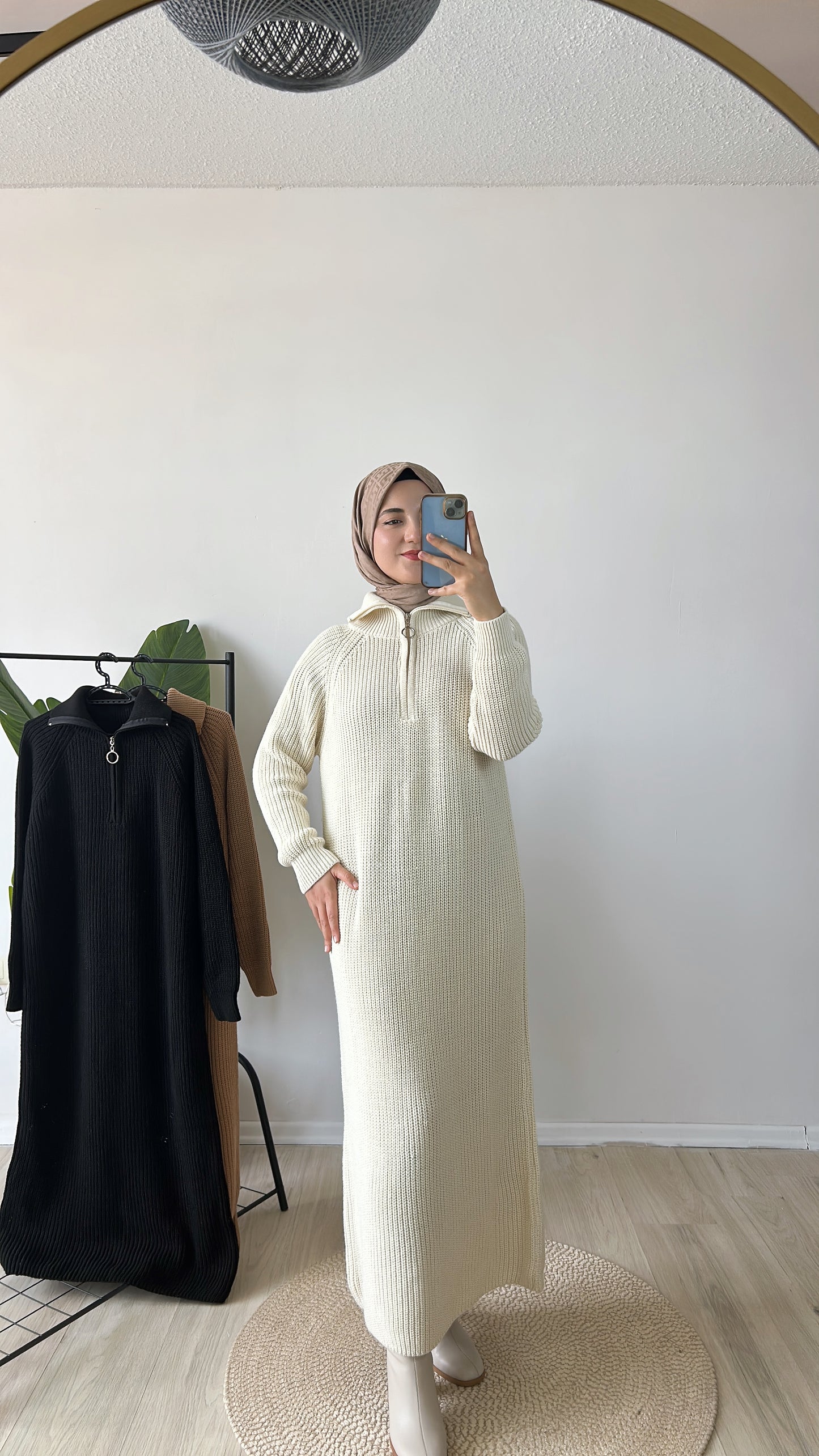 Fermuar Detaylı Triko Elbise Krem