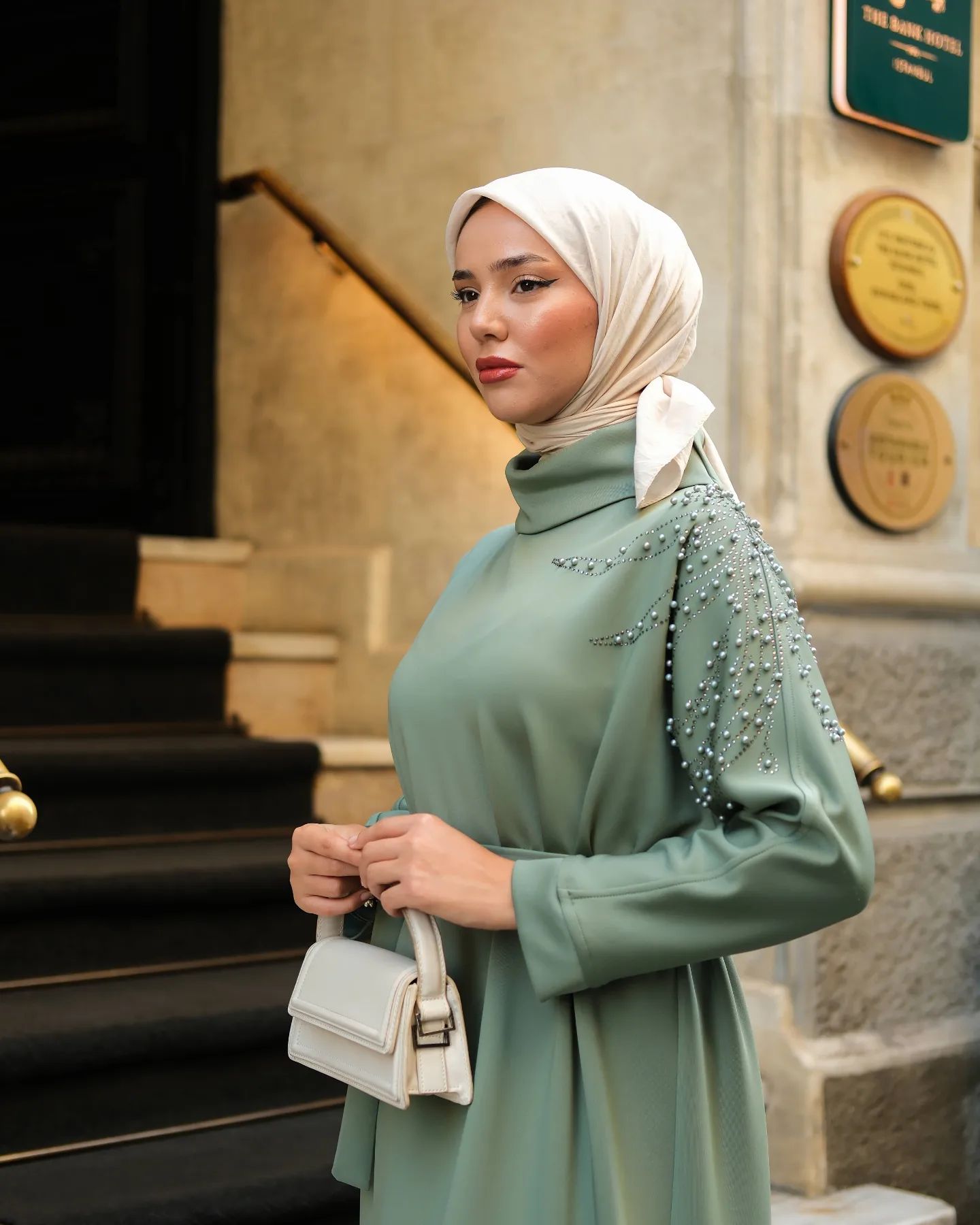 Boncuk Detaylı Scuba Elbise Yeşil