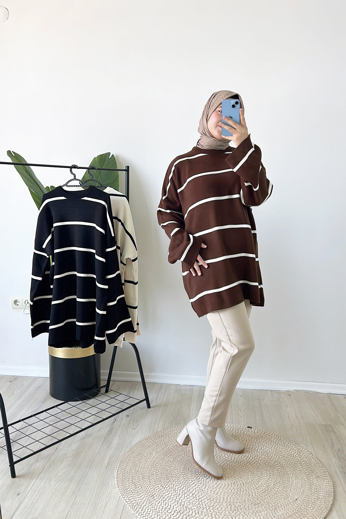 Çizgili Oversize Triko Kazak Kahve