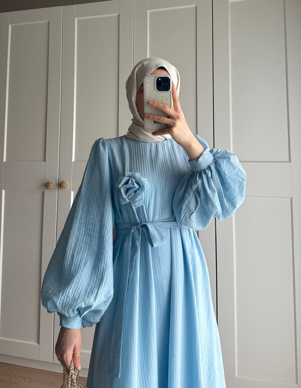 Lina Gül Detaylı Kuşaklı Elbise - Bebe Mavi