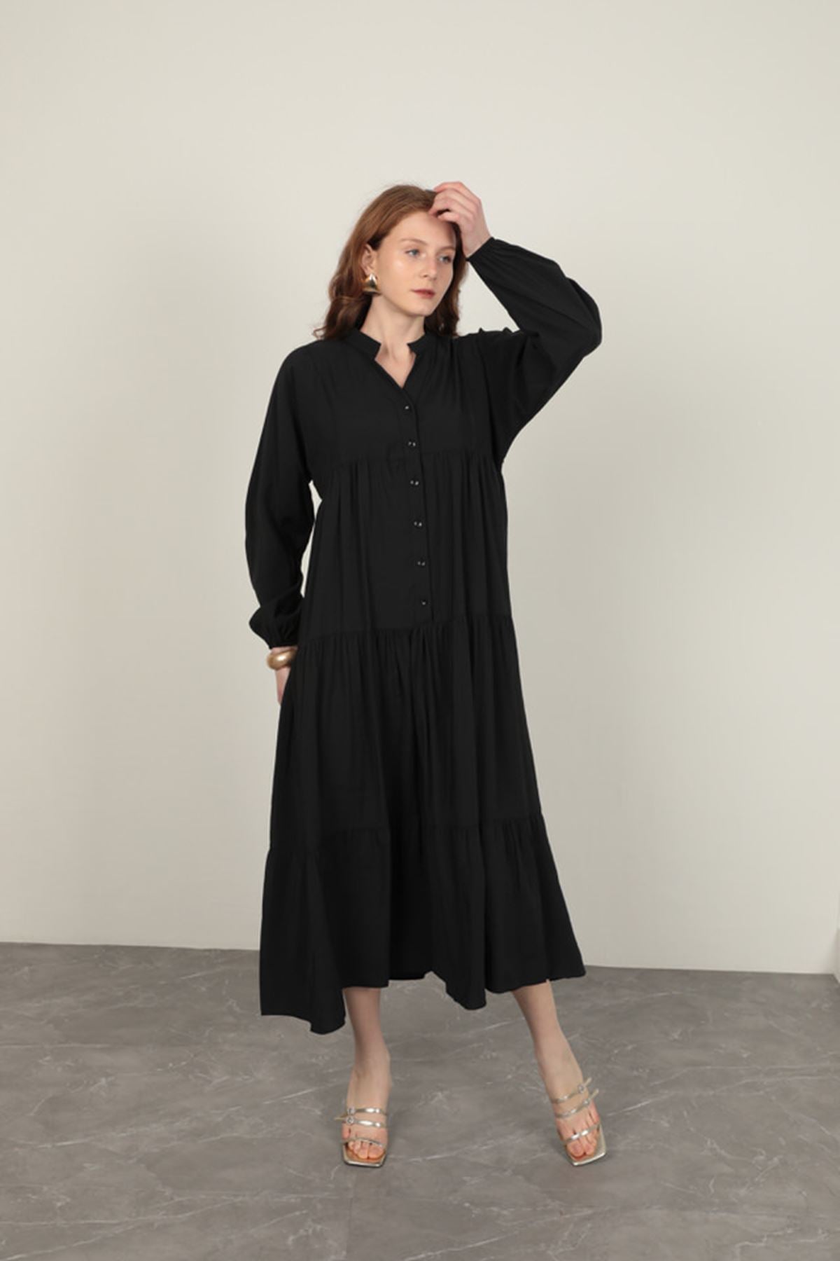 Modal Kumaş Kolu Lastikli Siyah Elbise