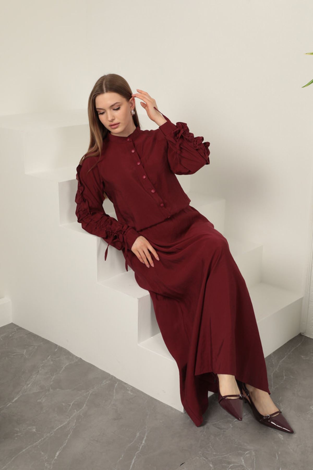 Modal Kumaş Kol Detaylı Takım-Bordo