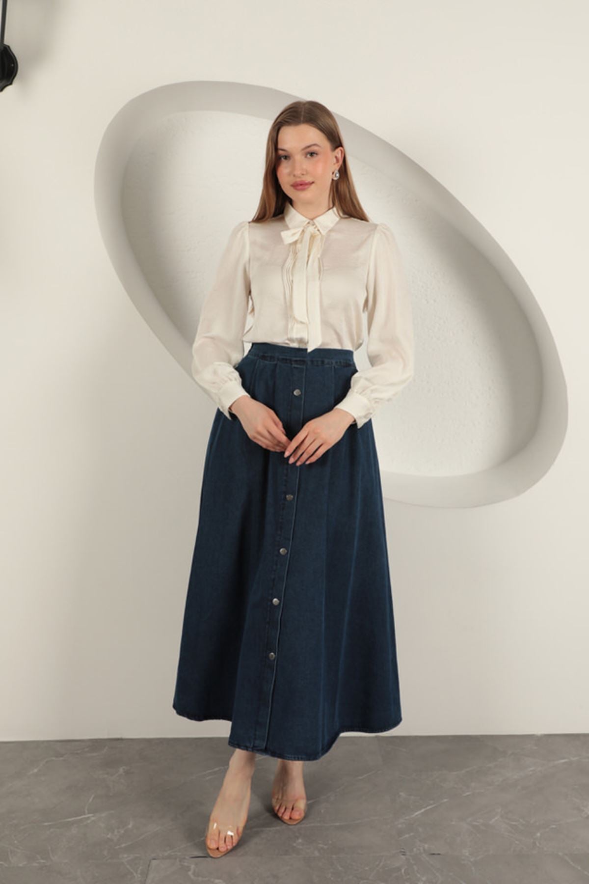Denim Kumaş Yelekli Takım-Koyu Mavi