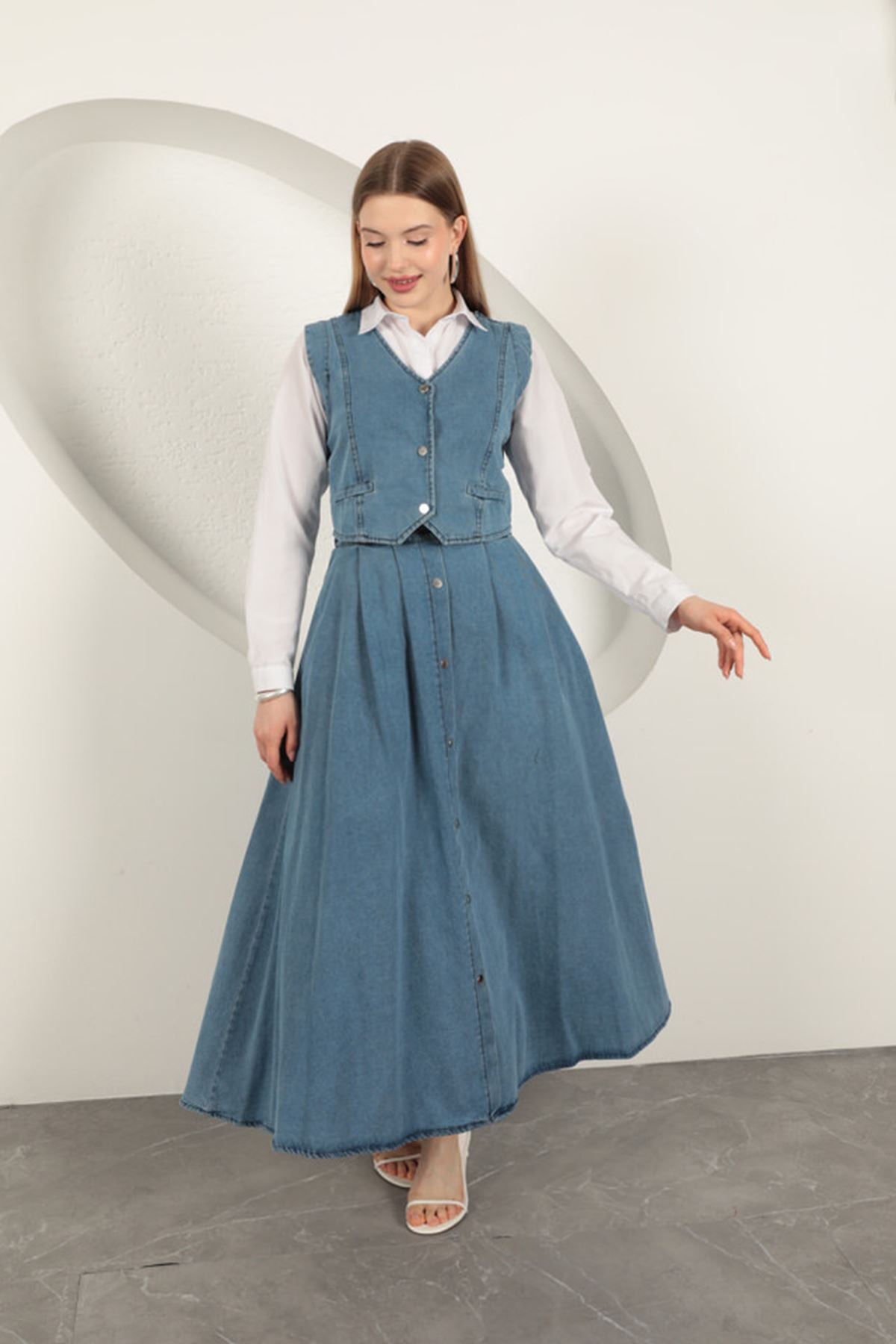 Denim Kumaş Yelekli Takım-Mavi