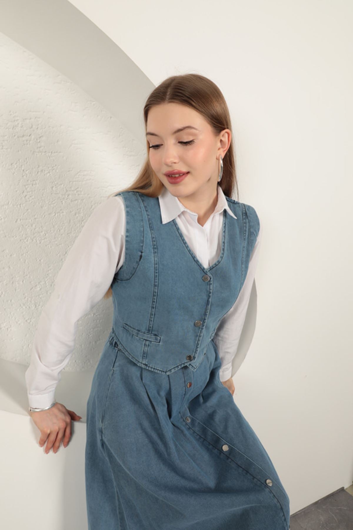 Denim Kumaş Yelekli Takım-Mavi