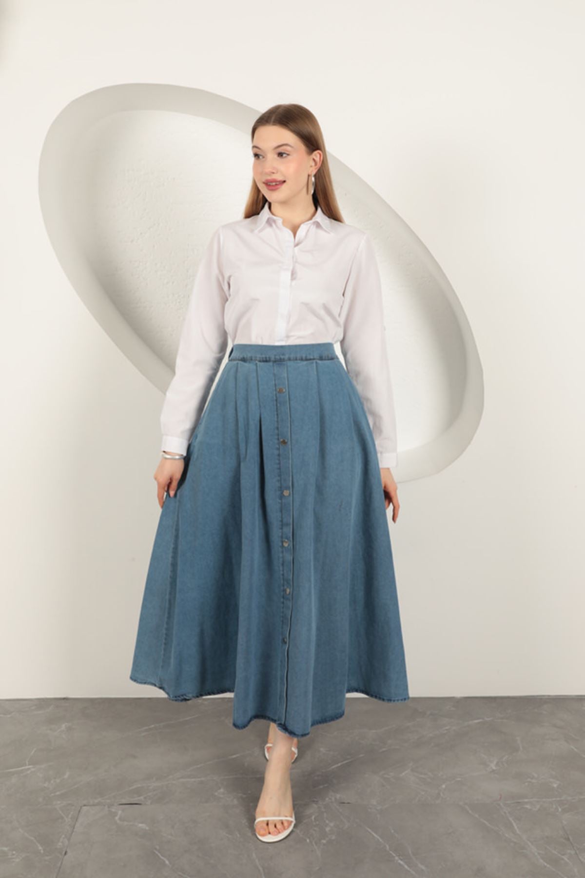 Denim Kumaş Yelekli Takım-Mavi