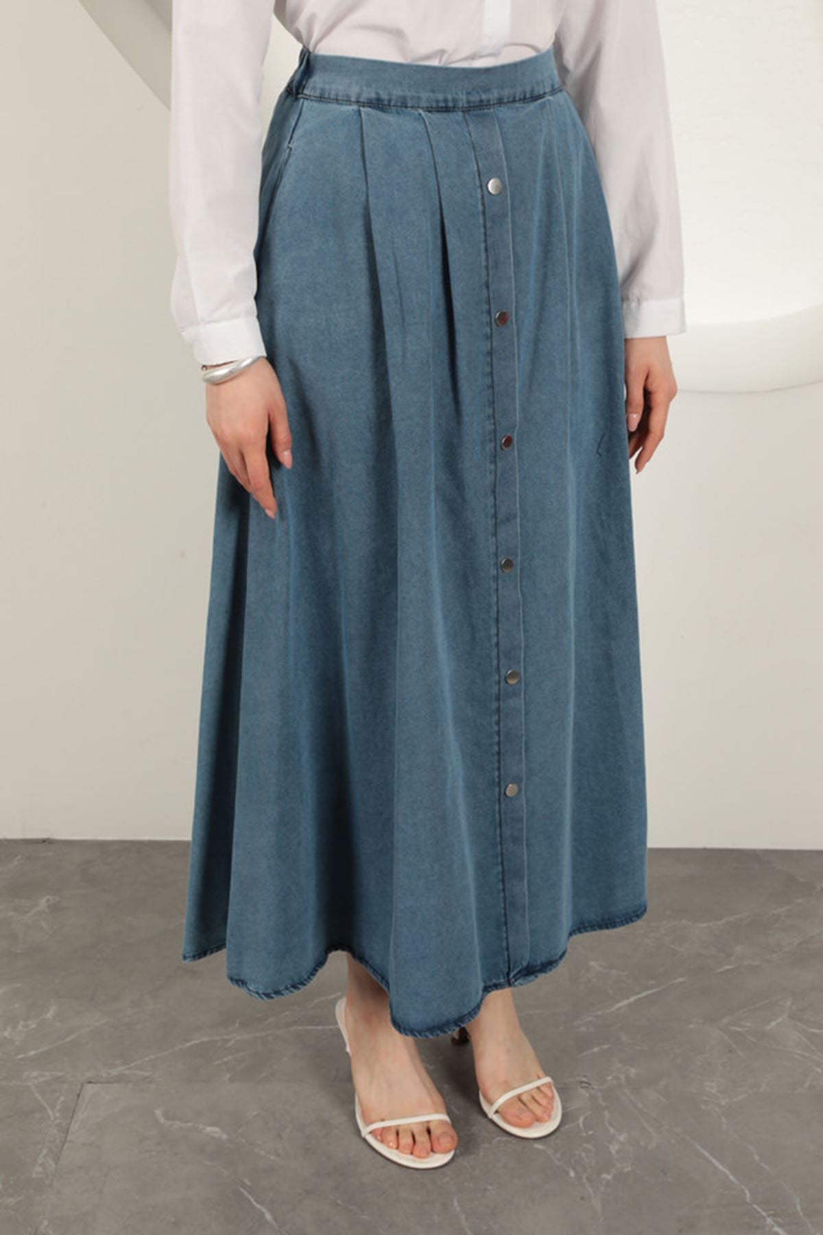 Denim Kumaş Yelekli Takım-Mavi