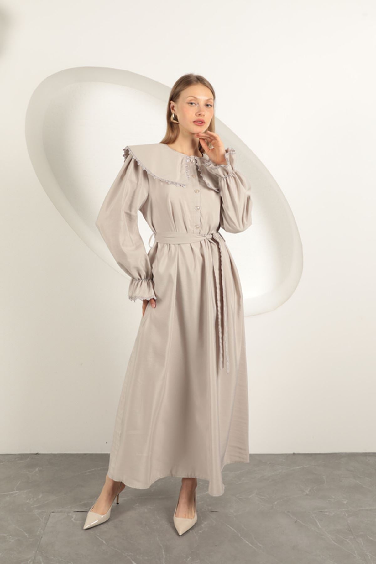 Modal Kumaş Dantelli Kadın Elbise-Taş