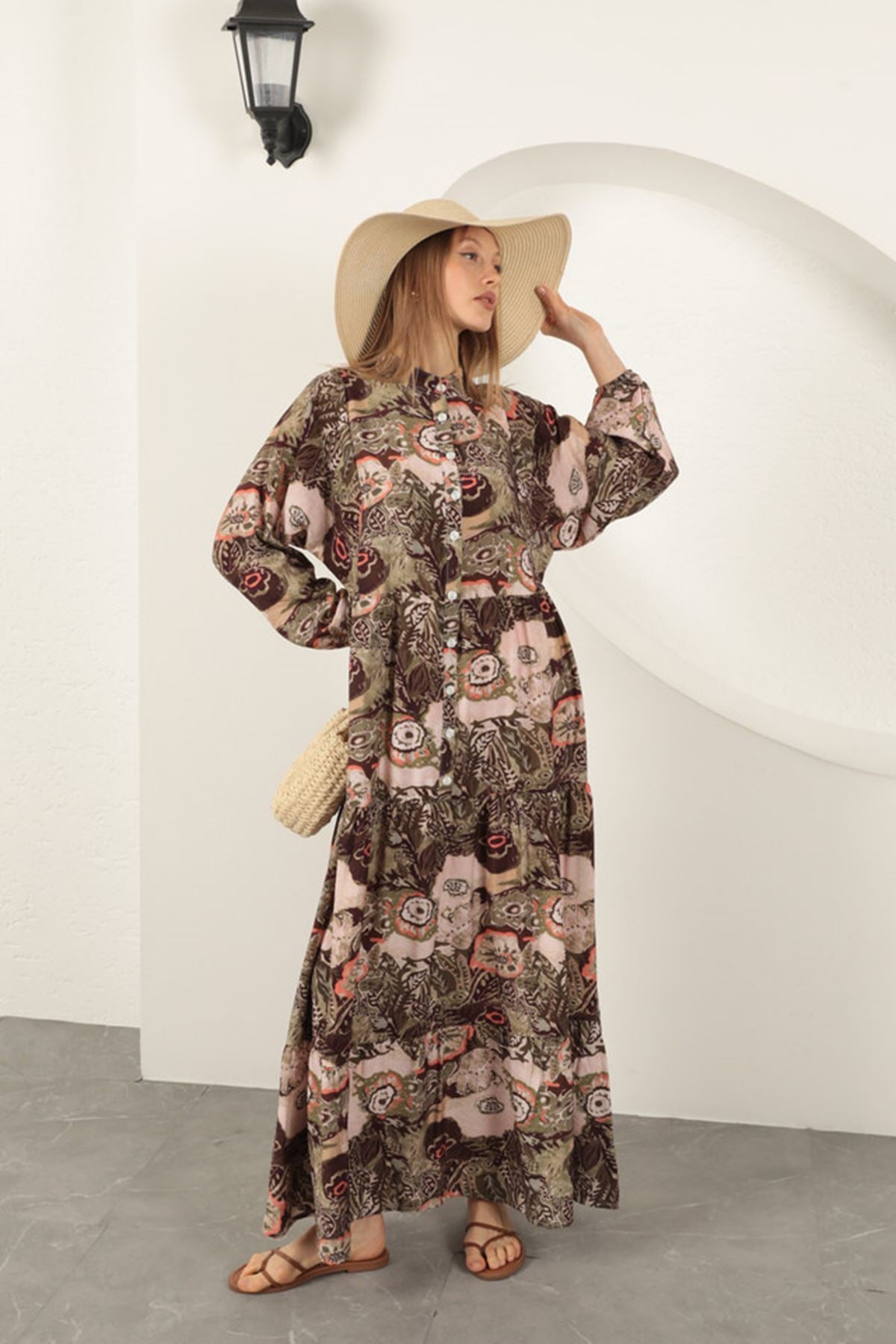 Viskon Kumaş Etnik Desenli Elbise-Haki