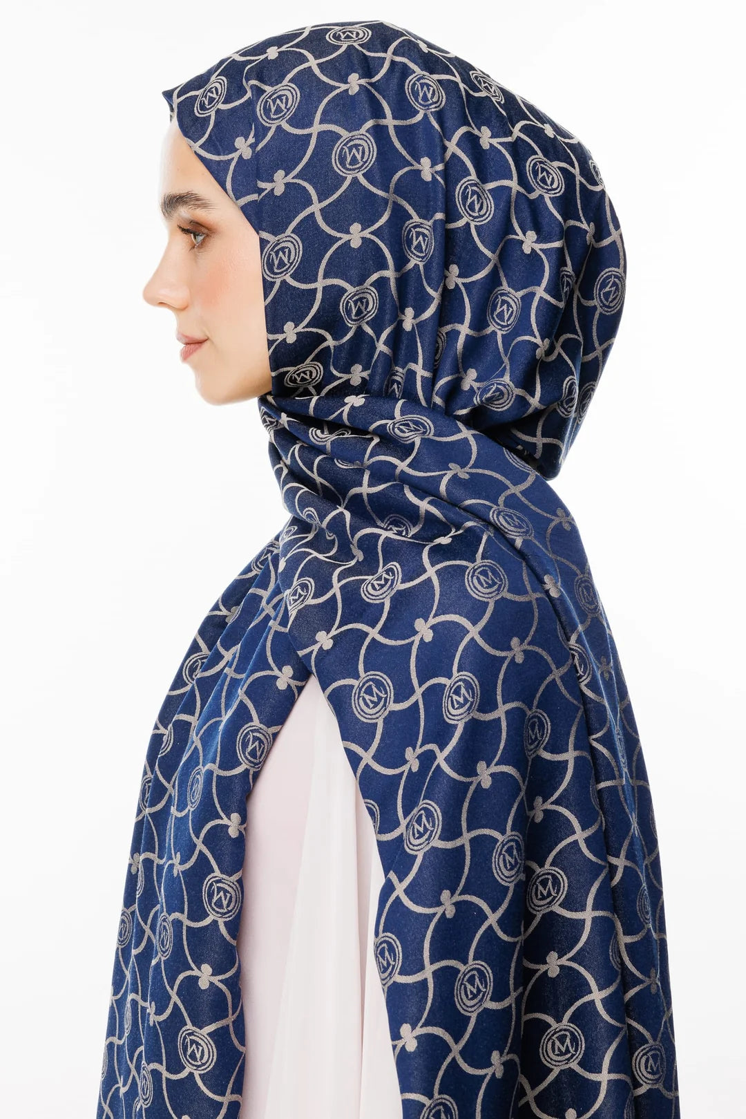 Marrakech Desen Çift Taraflı Şal Lacivert - Bej