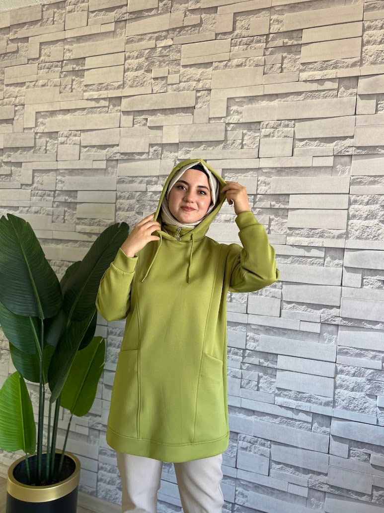 Boğazı Fermuar Detaylı Sweat Yağ Yeşili