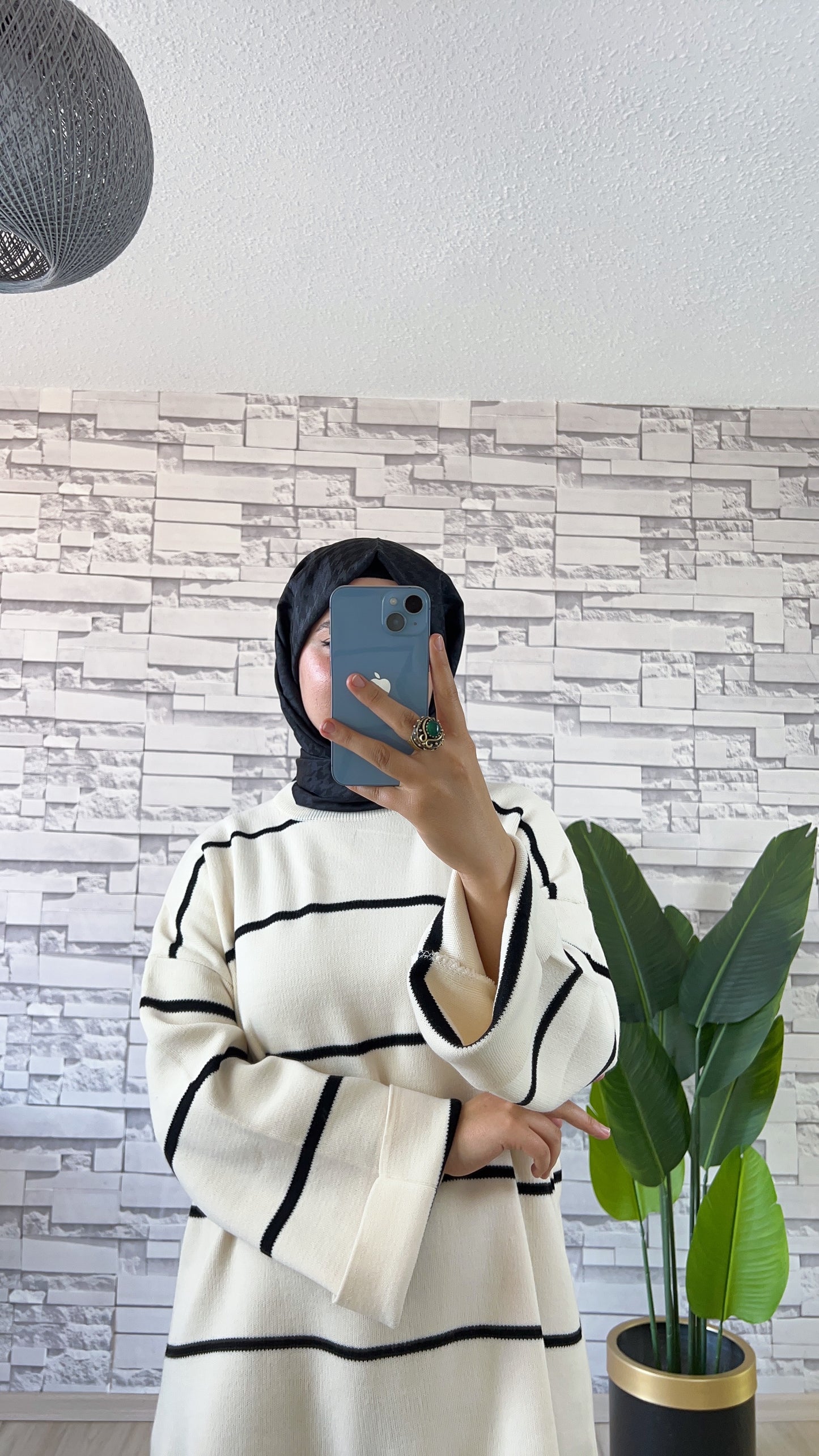 Çizgili Oversize Triko Kazak Beyaz