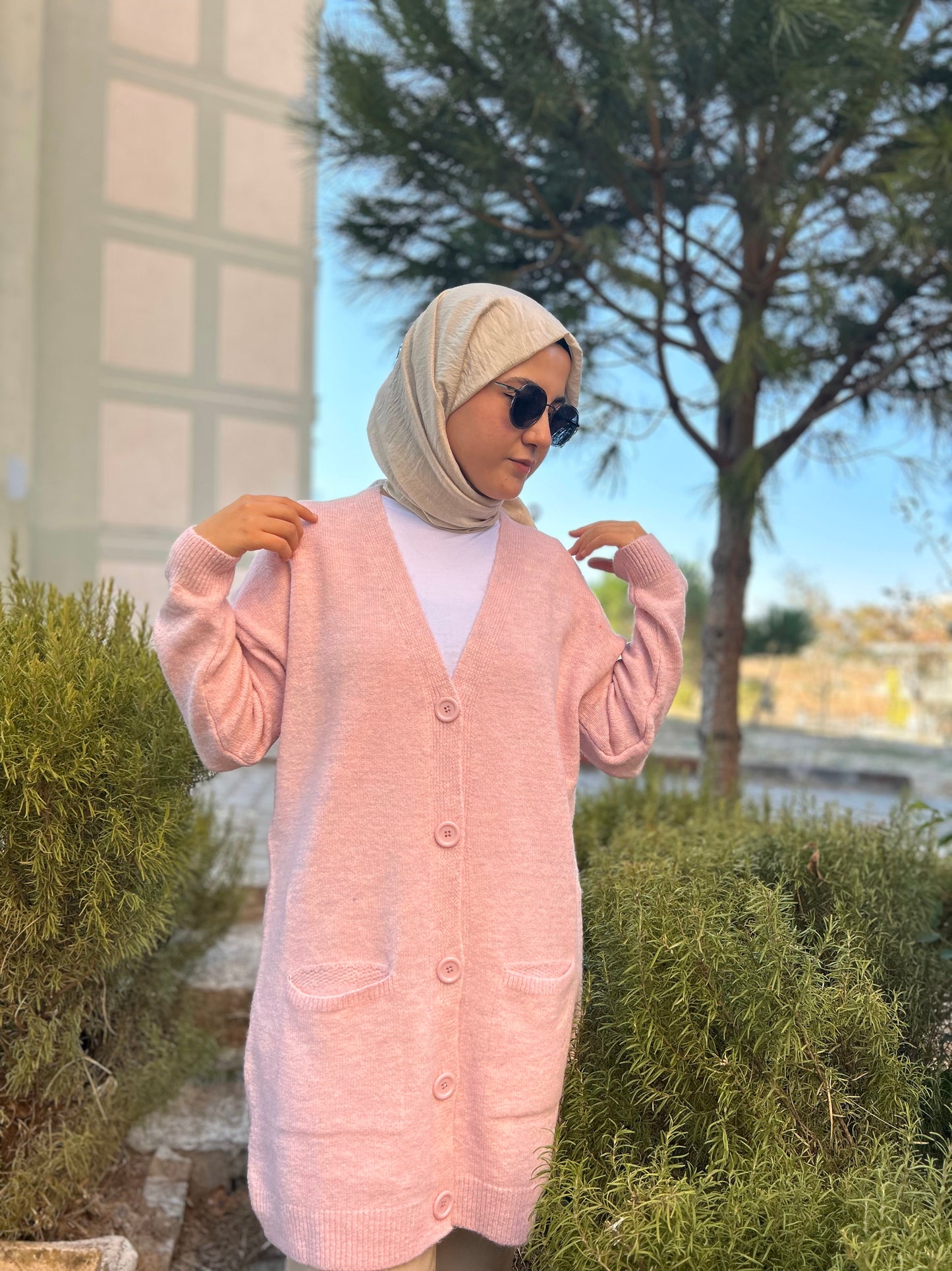 Düğme Detaylı Cepli Uzun Hırka Pembe