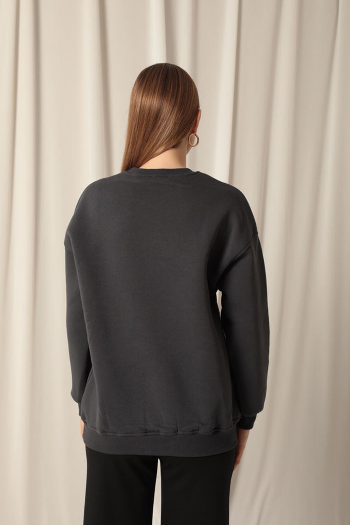 Üç İplik Karyokalı Sıfır Yaka Kadın Antrasit Sweat