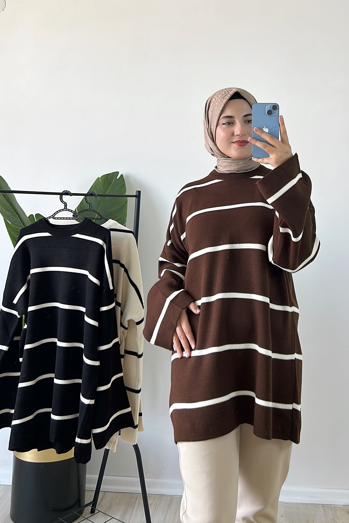 Çizgili Oversize Triko Kazak Kahve