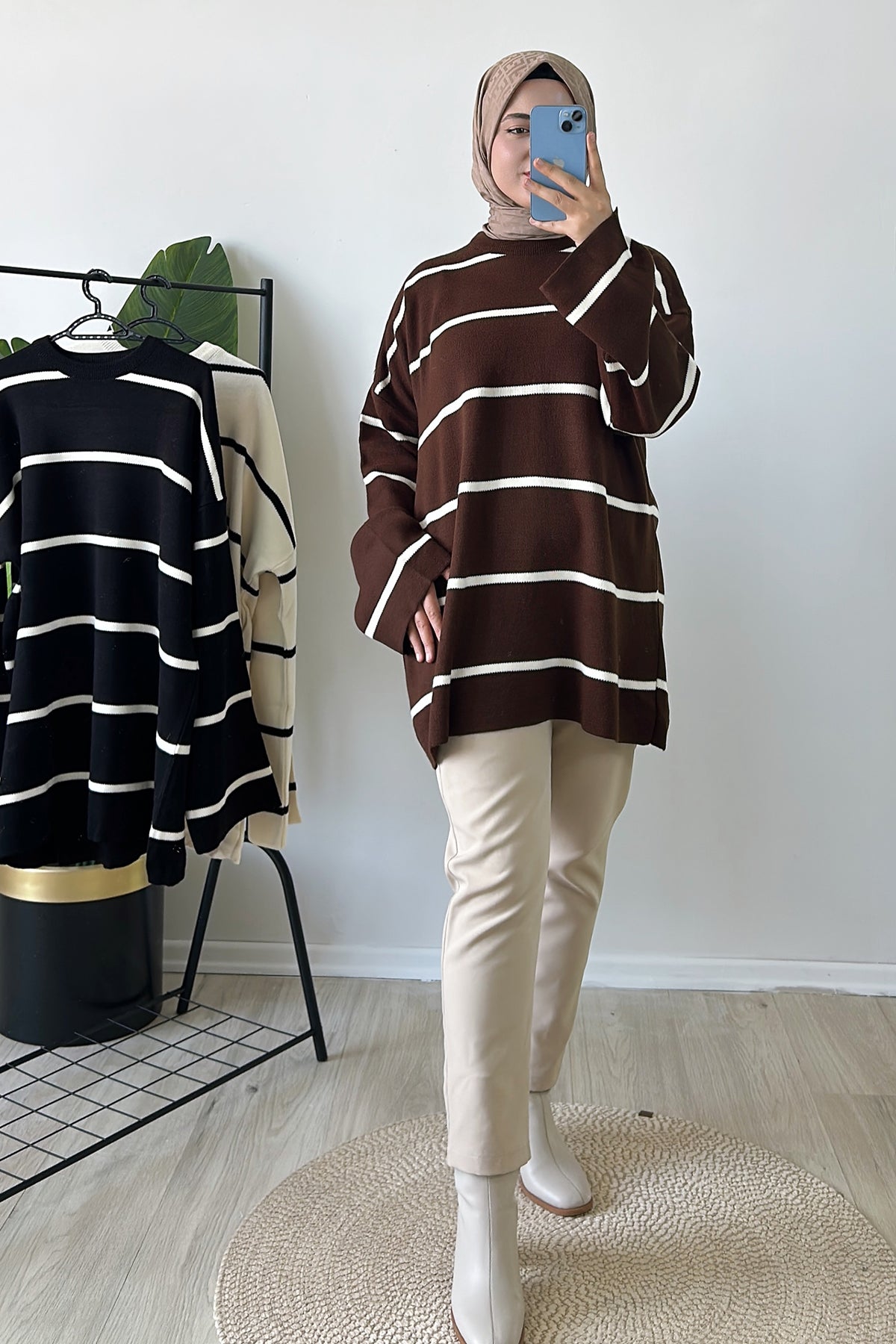 Çizgili Oversize Triko Kazak Kahve