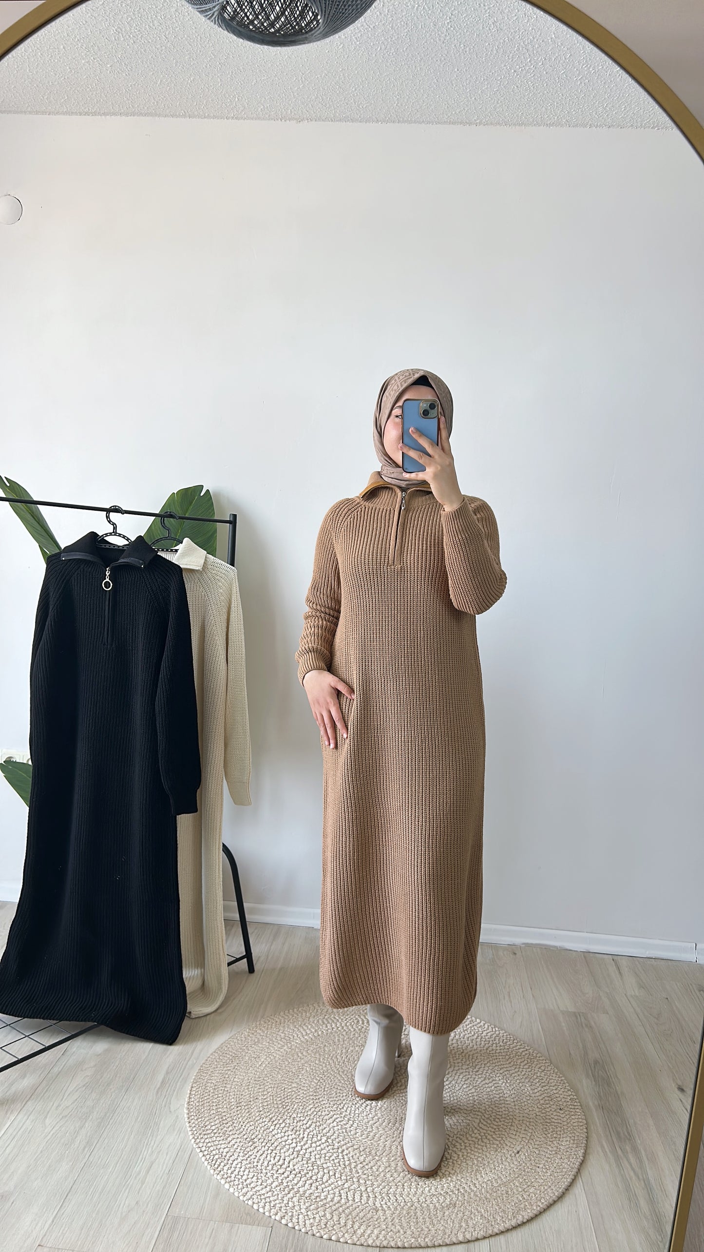 Fermuar Detaylı Triko Elbise Kahve