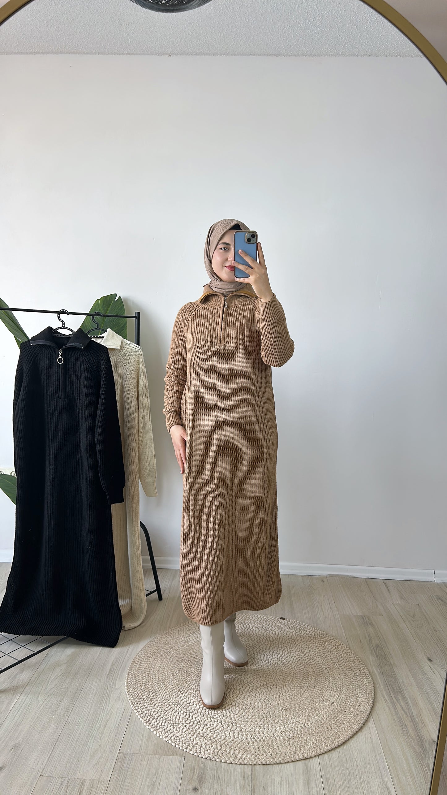 Fermuar Detaylı Triko Elbise Kahve