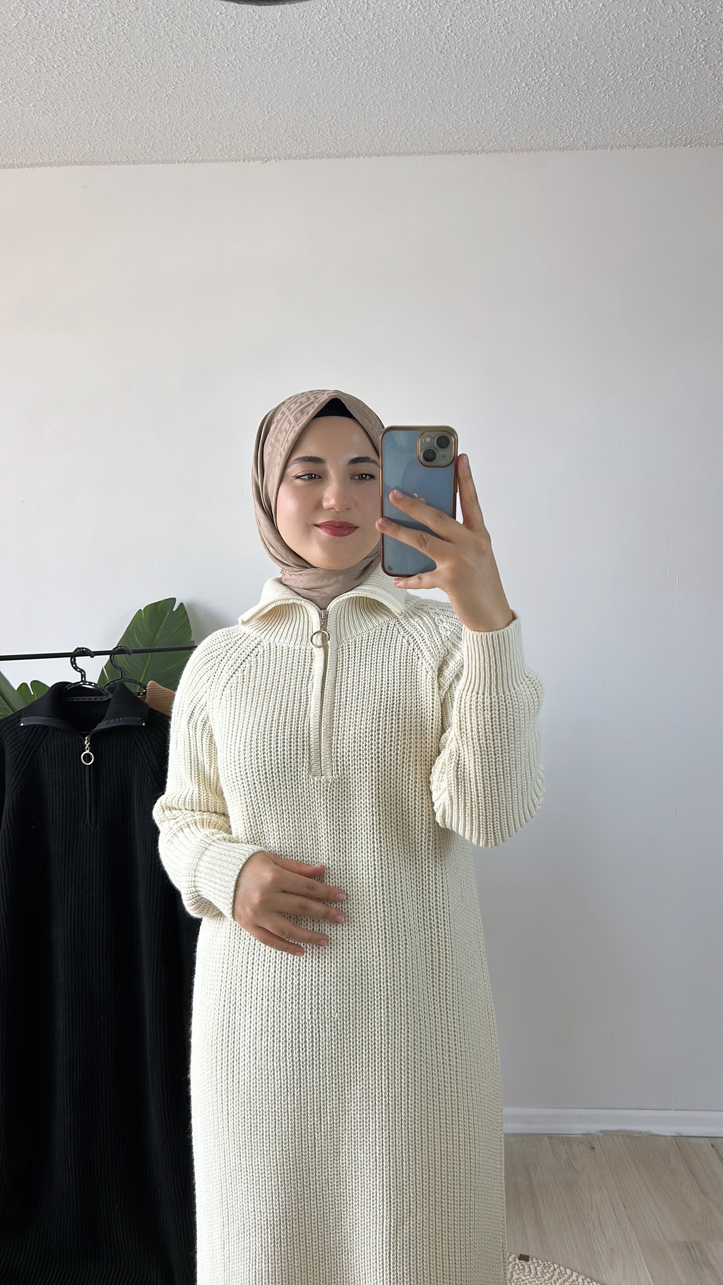 Fermuar Detaylı Triko Elbise Krem