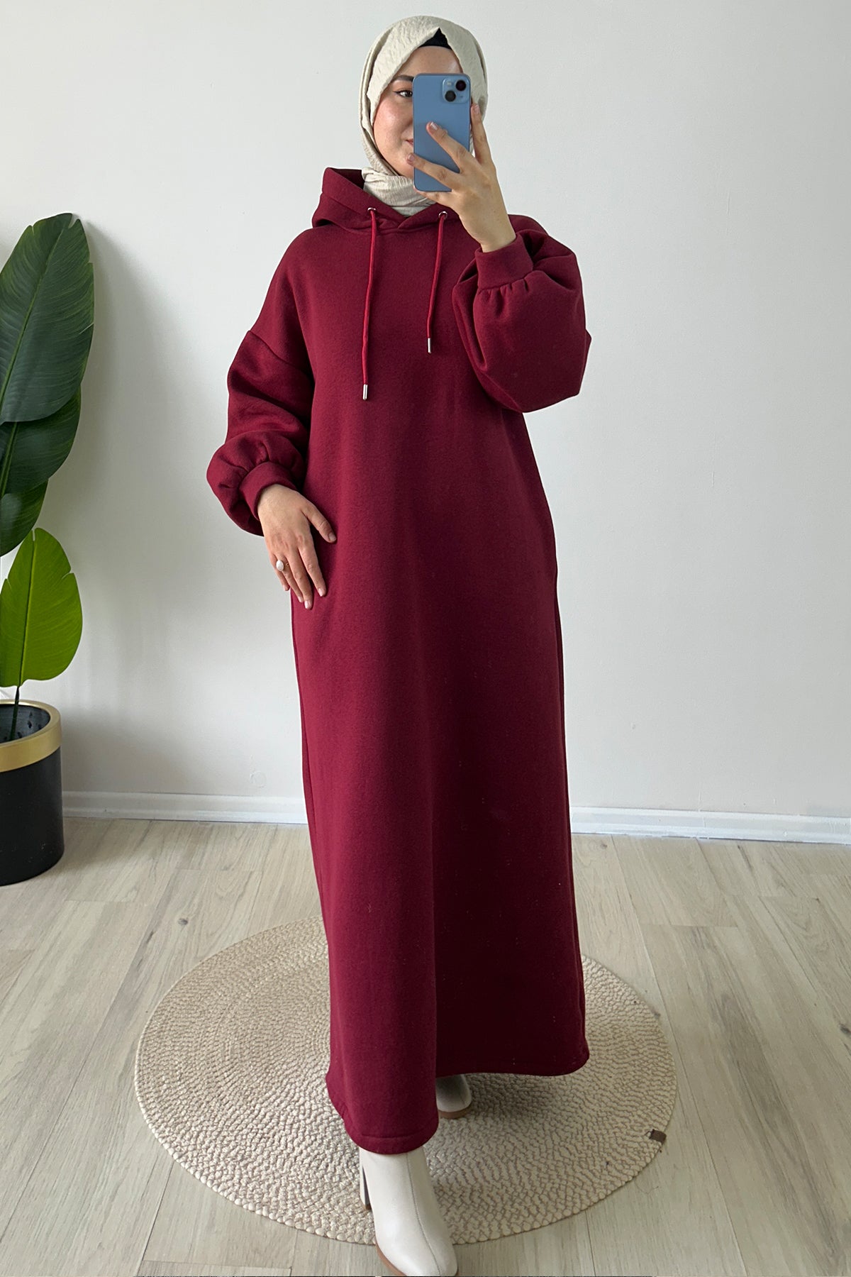 Kemerli Kapüşonlu Polar Elbise Bordo