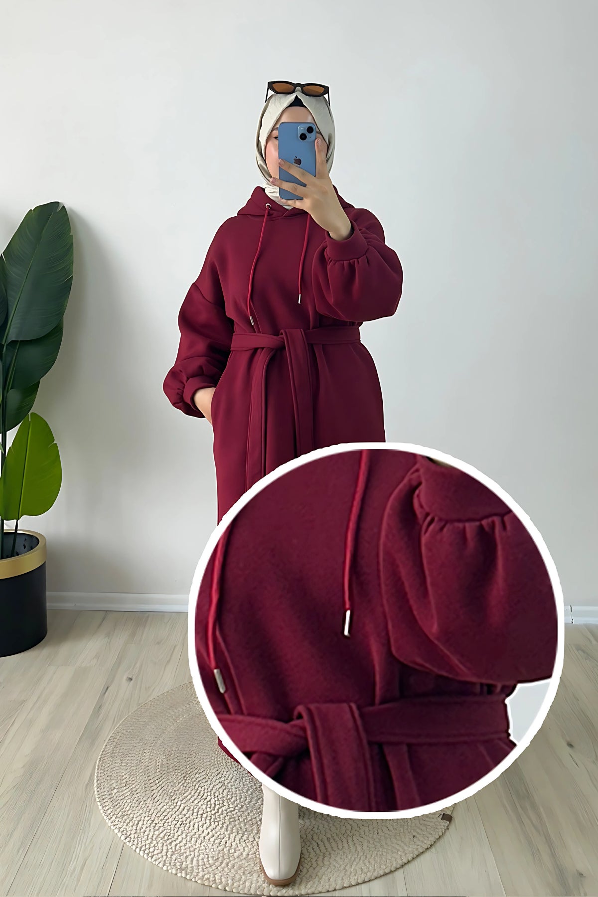 Kemerli Kapüşonlu Polar Elbise Bordo