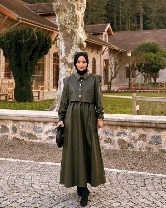 Deri Kumaş Kadın Haki Elbise