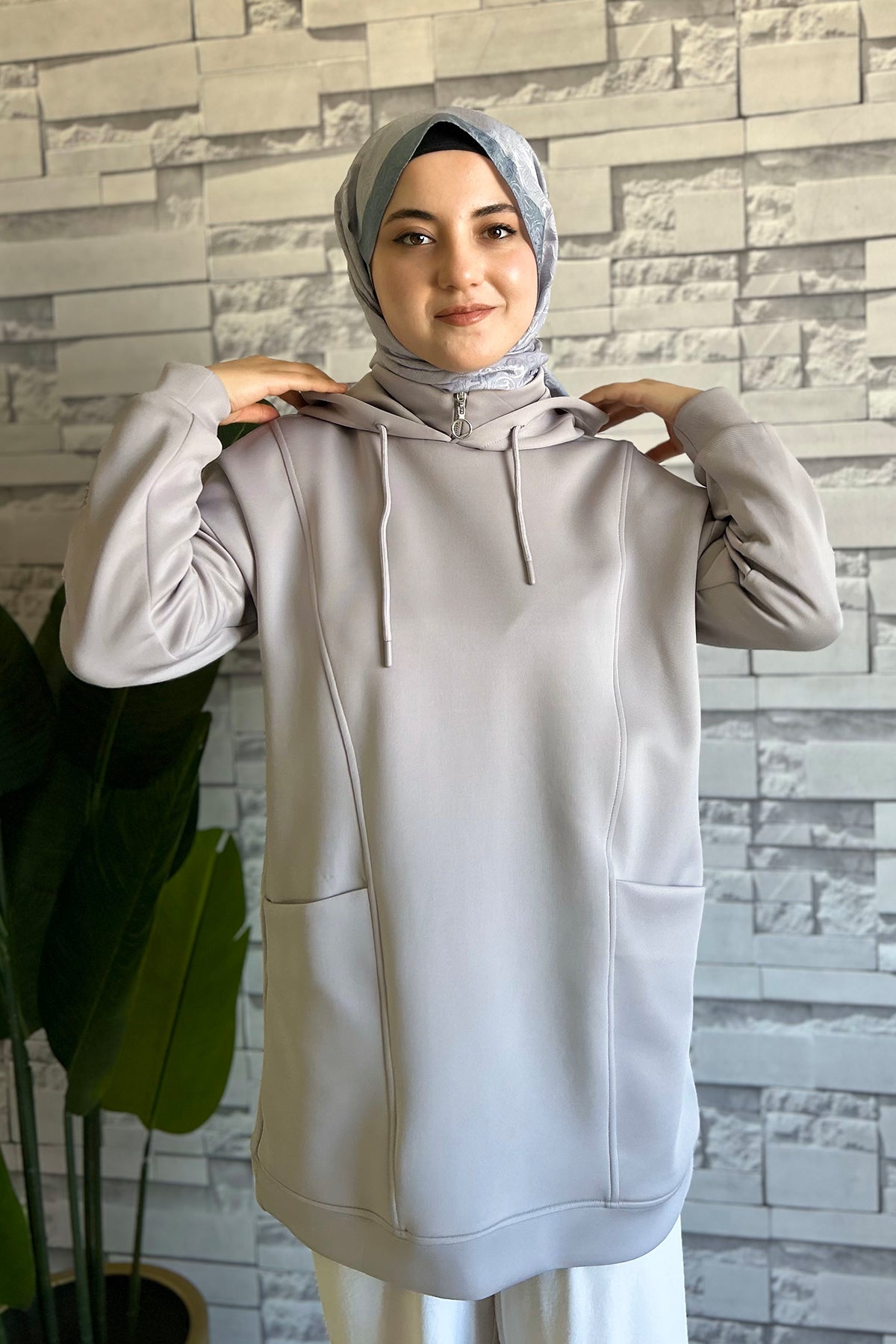 Boğazı Fermuar Detaylı Sweat Gri