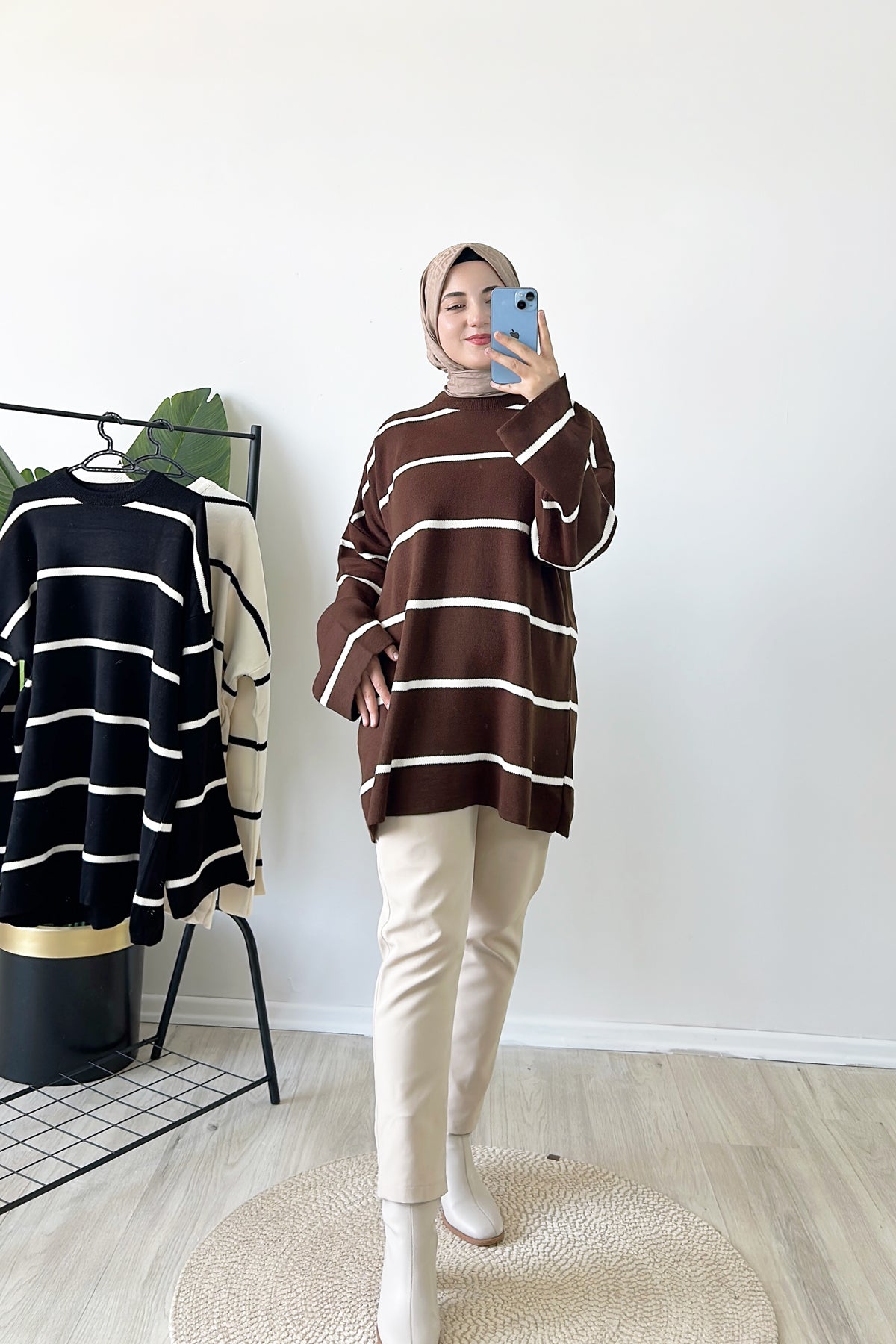 Çizgili Oversize Triko Kazak Kahve