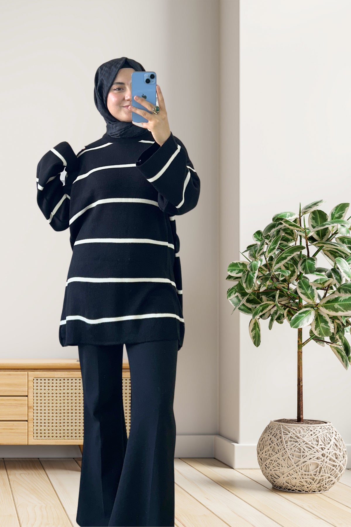Çizgili Oversize Triko Kazak Siyah