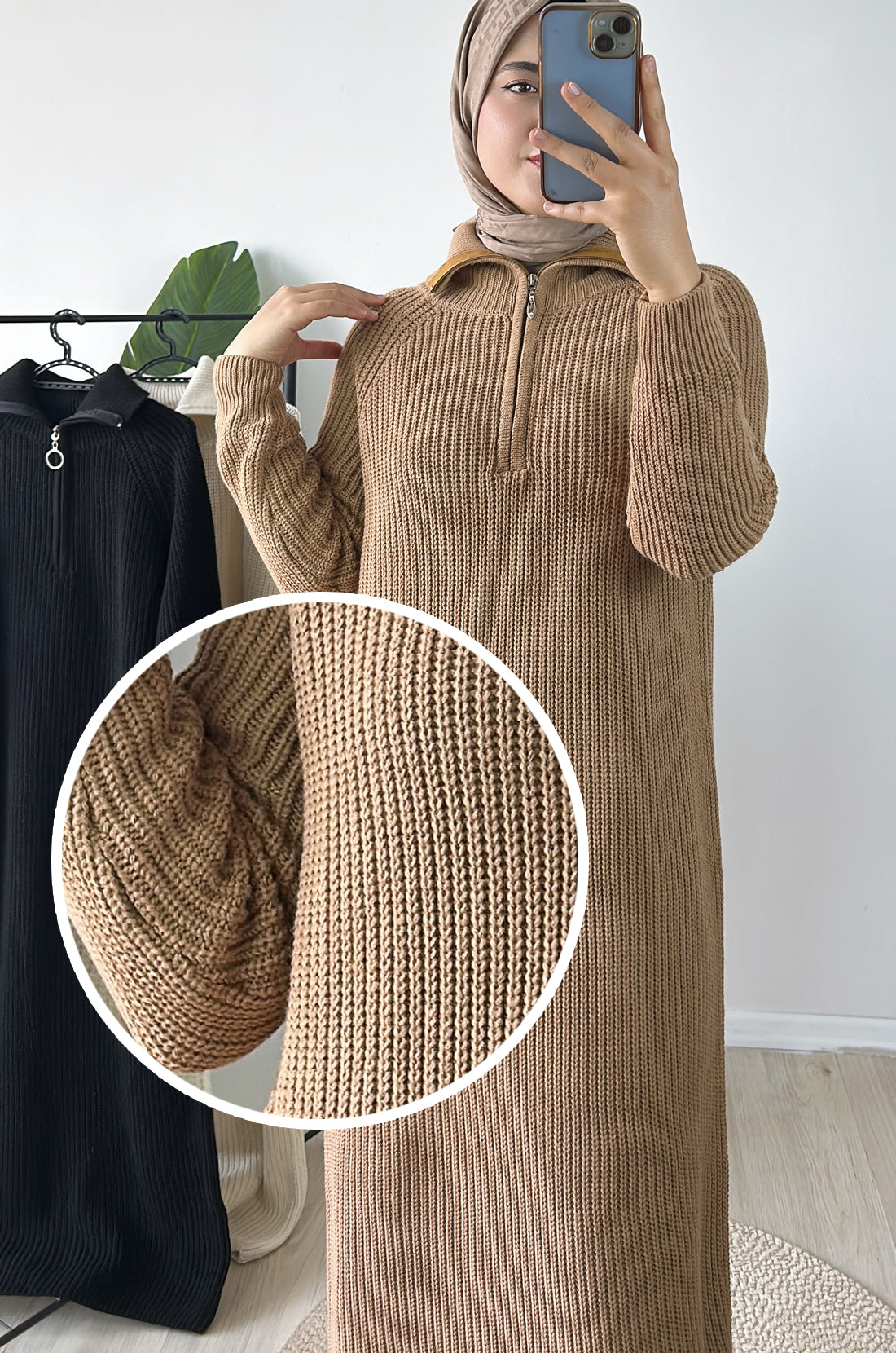 Fermuar Detaylı Triko Elbise Kahve