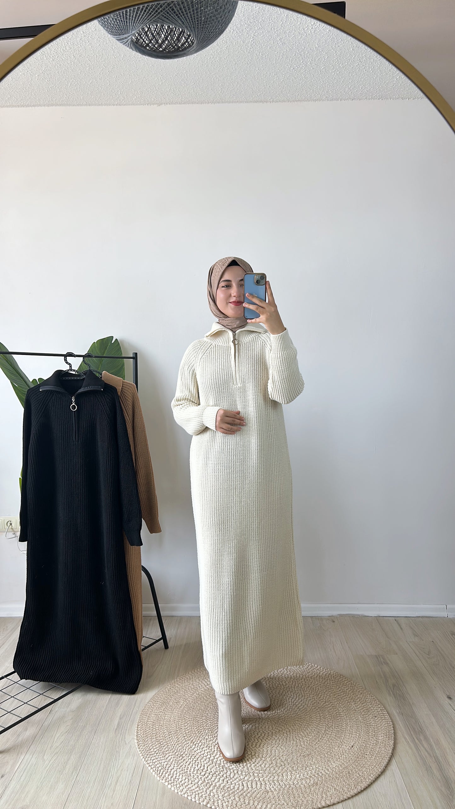 Fermuar Detaylı Triko Elbise Krem