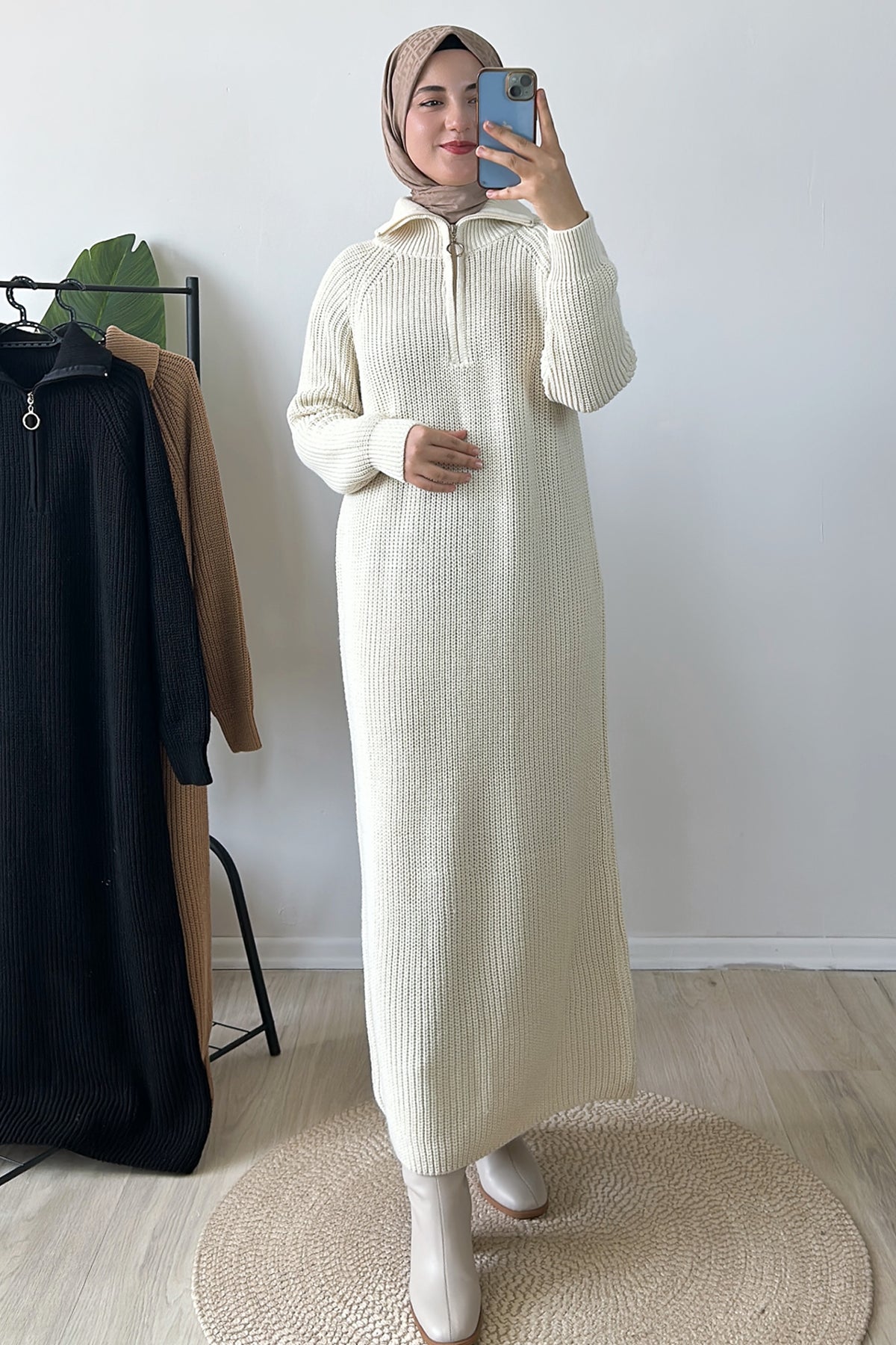 Fermuar Detaylı Triko Elbise Krem