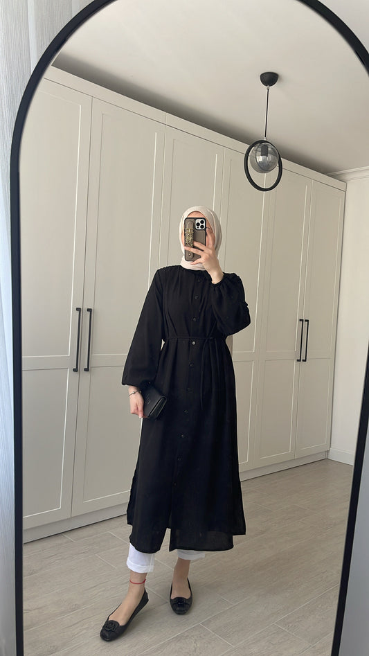 Elif İthal Krep Yırtmaçlı Tunik - Siyah