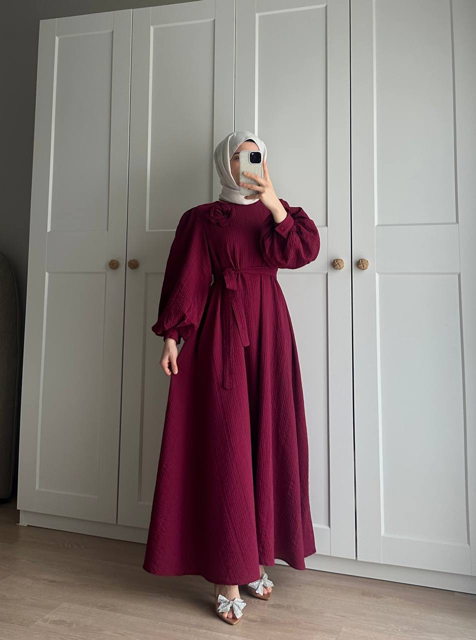 Lina Gül Detaylı Kuşaklı Elbise - Bordo