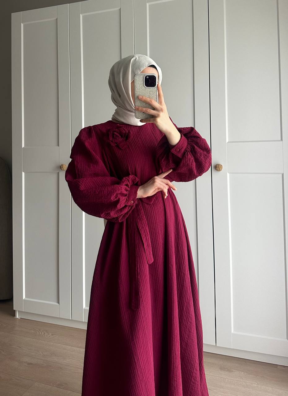Lina Gül Detaylı Kuşaklı Elbise - Bordo
