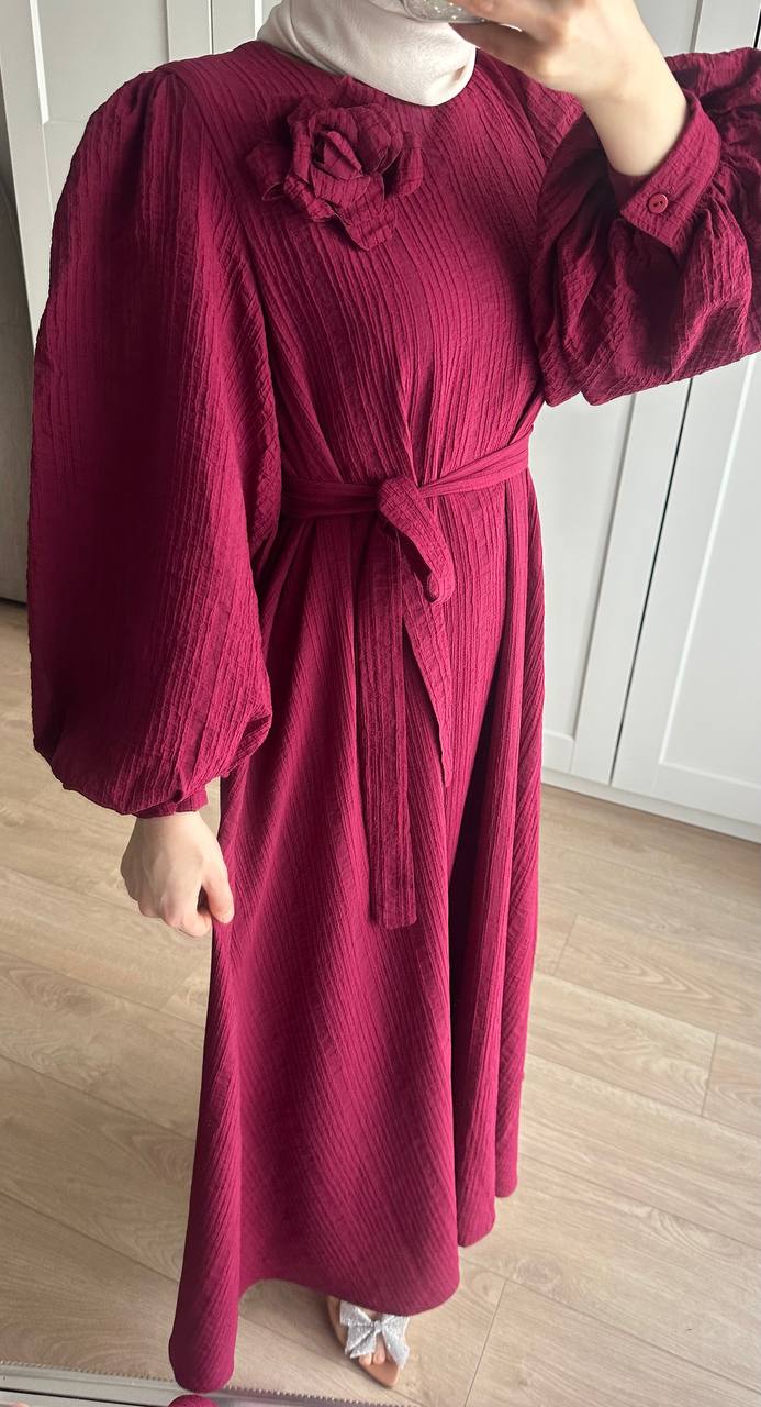 Lina Gül Detaylı Kuşaklı Elbise - Bordo