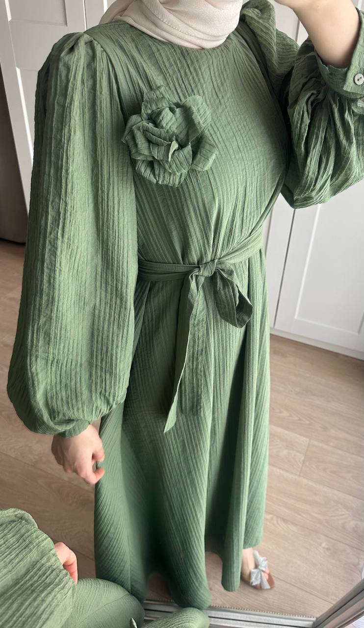 Lina Gül Detaylı Kuşaklı Elbise - Yeşil