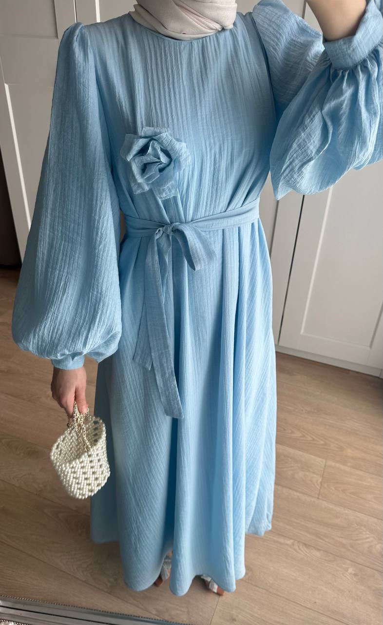 Lina Gül Detaylı Kuşaklı Elbise - Bebe Mavi