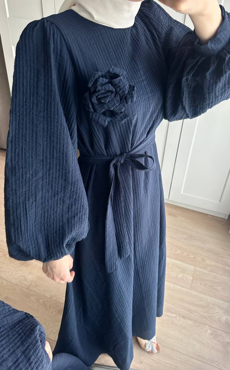 Lina Gül Detaylı Kuşaklı Elbise - Lacivert