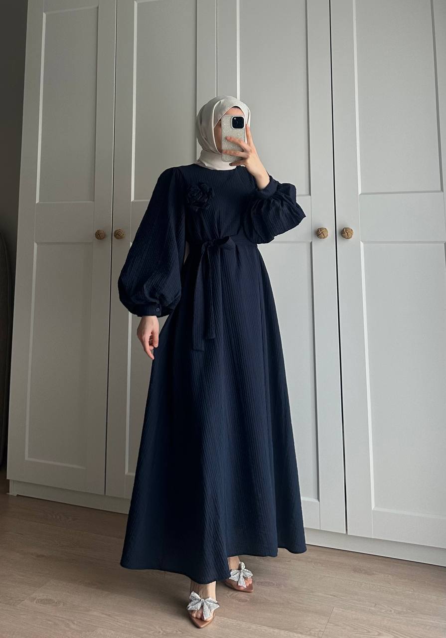 Lina Gül Detaylı Kuşaklı Elbise - Lacivert