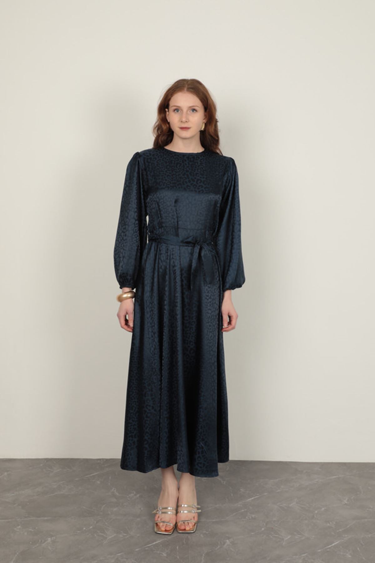 Jakar Kumaş Leopar Desen Kadın Elbise-Lacivert