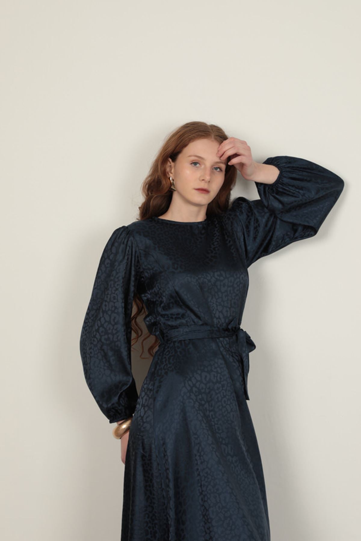 Jakar Kumaş Leopar Desen Kadın Elbise-Lacivert