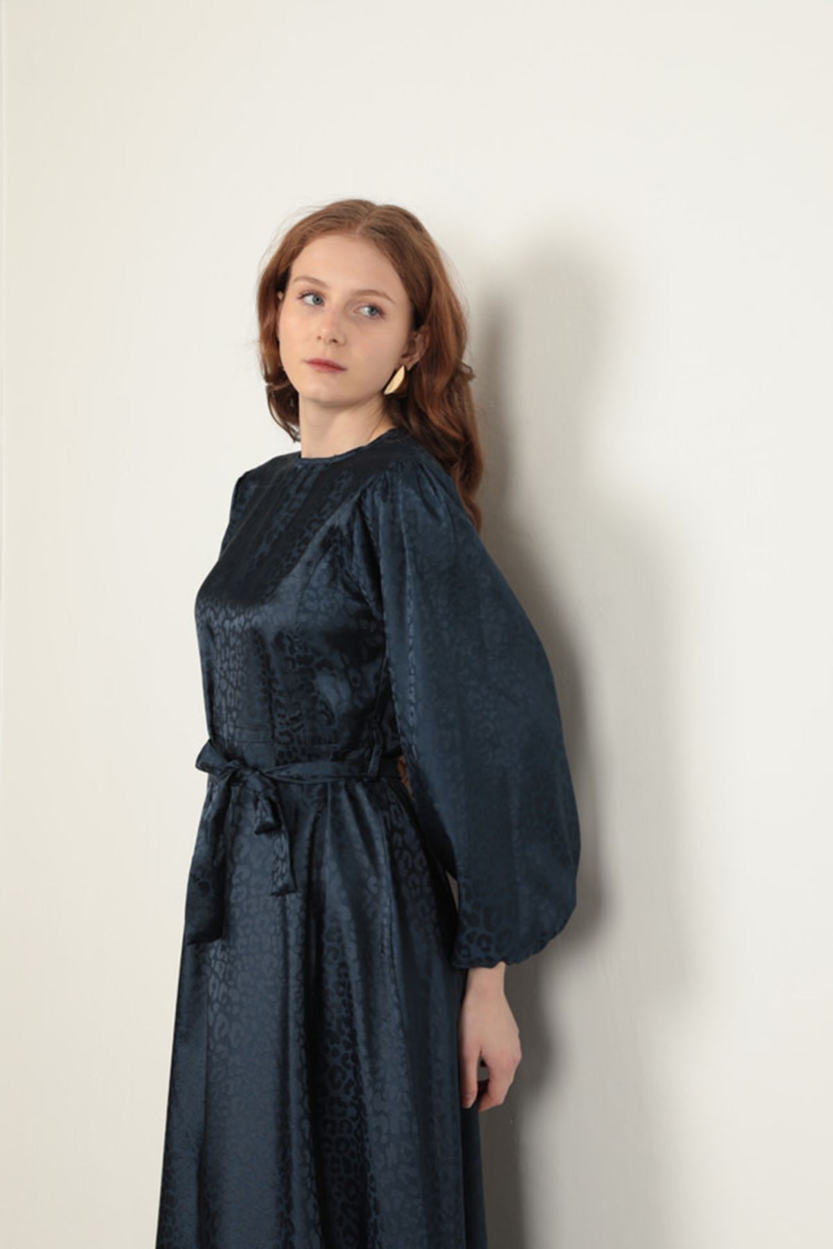 Jakar Kumaş Leopar Desen Kadın Elbise-Lacivert