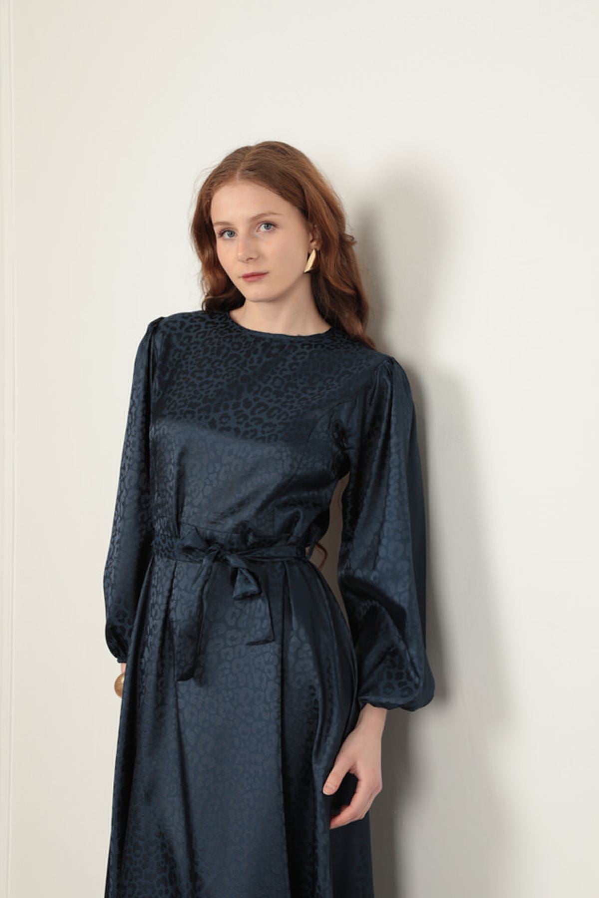 Jakar Kumaş Leopar Desen Kadın Elbise-Lacivert