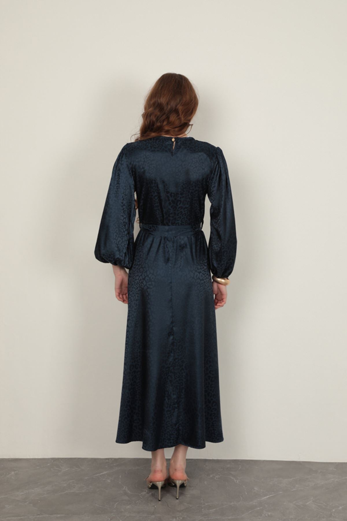 Jakar Kumaş Leopar Desen Kadın Elbise-Lacivert