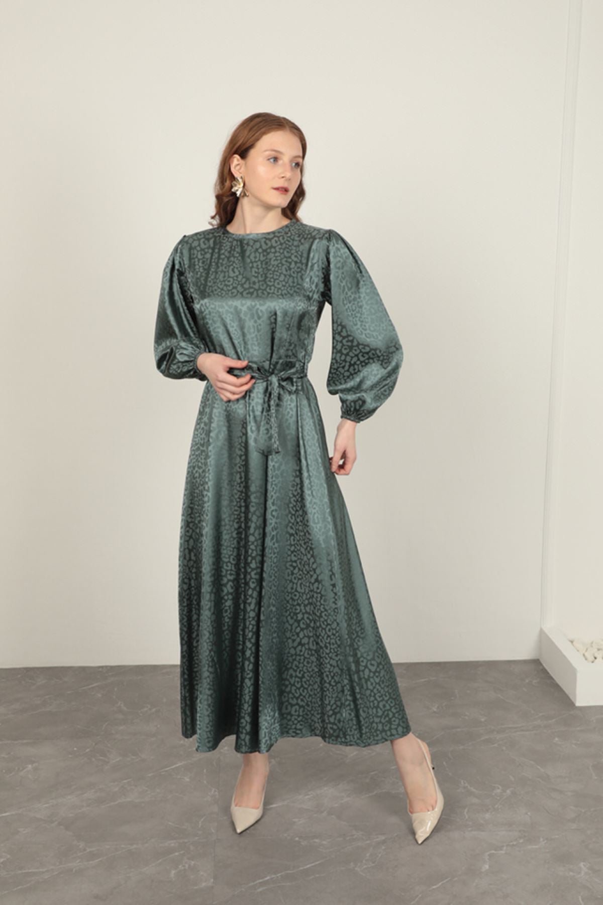 Jakar Kumaş Leopar Desen Kadın Elbise-Yeşil