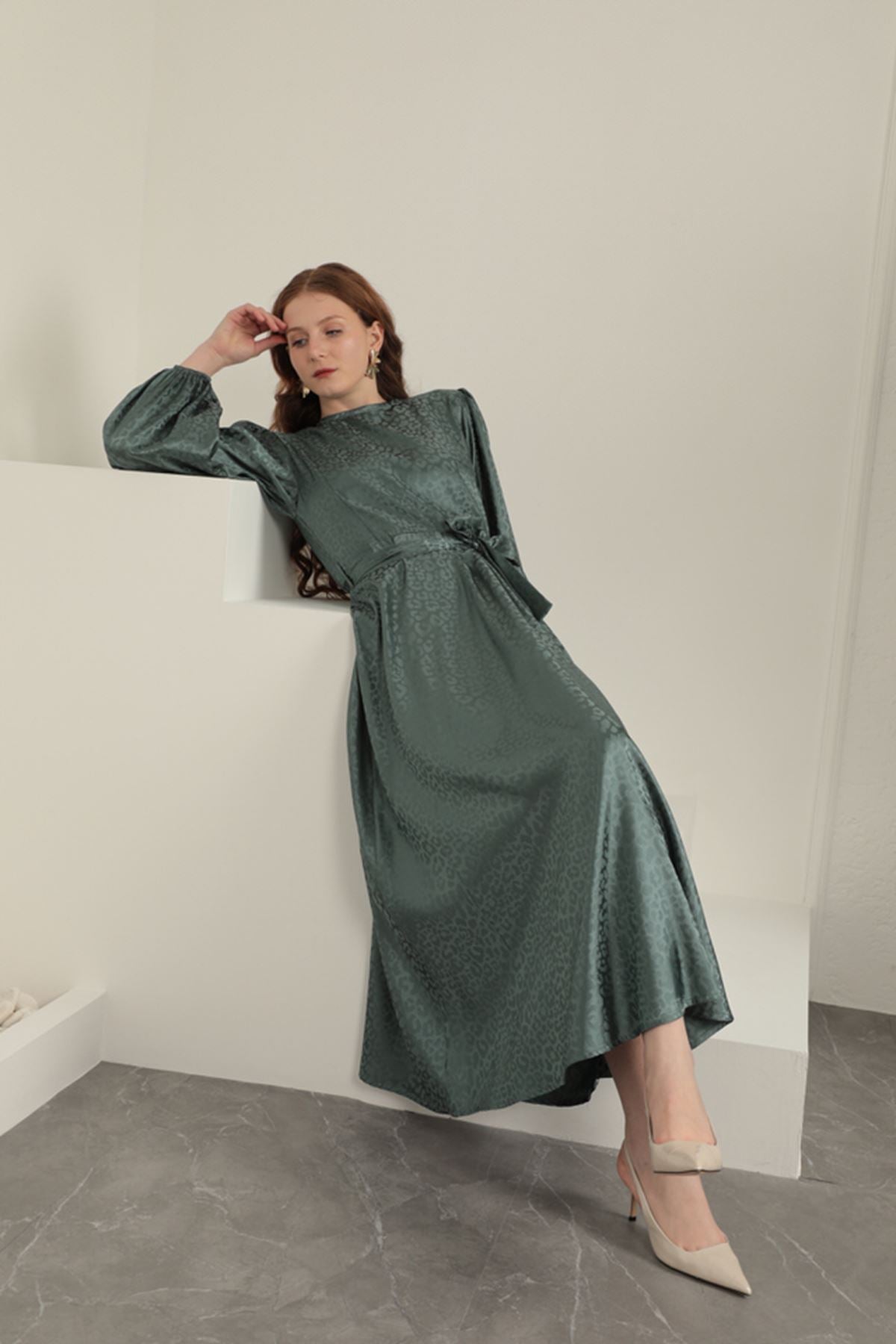 Jakar Kumaş Leopar Desen Kadın Elbise-Yeşil