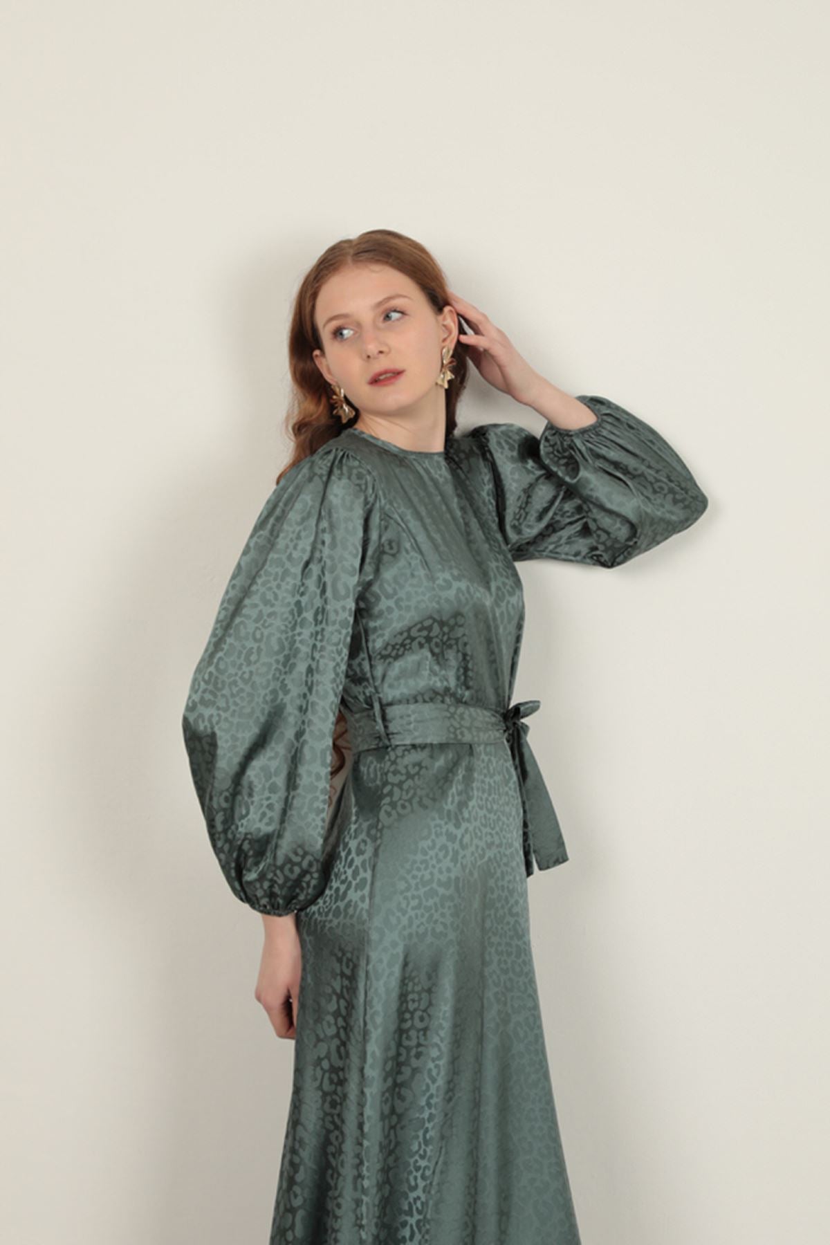 Jakar Kumaş Leopar Desen Kadın Elbise-Yeşil