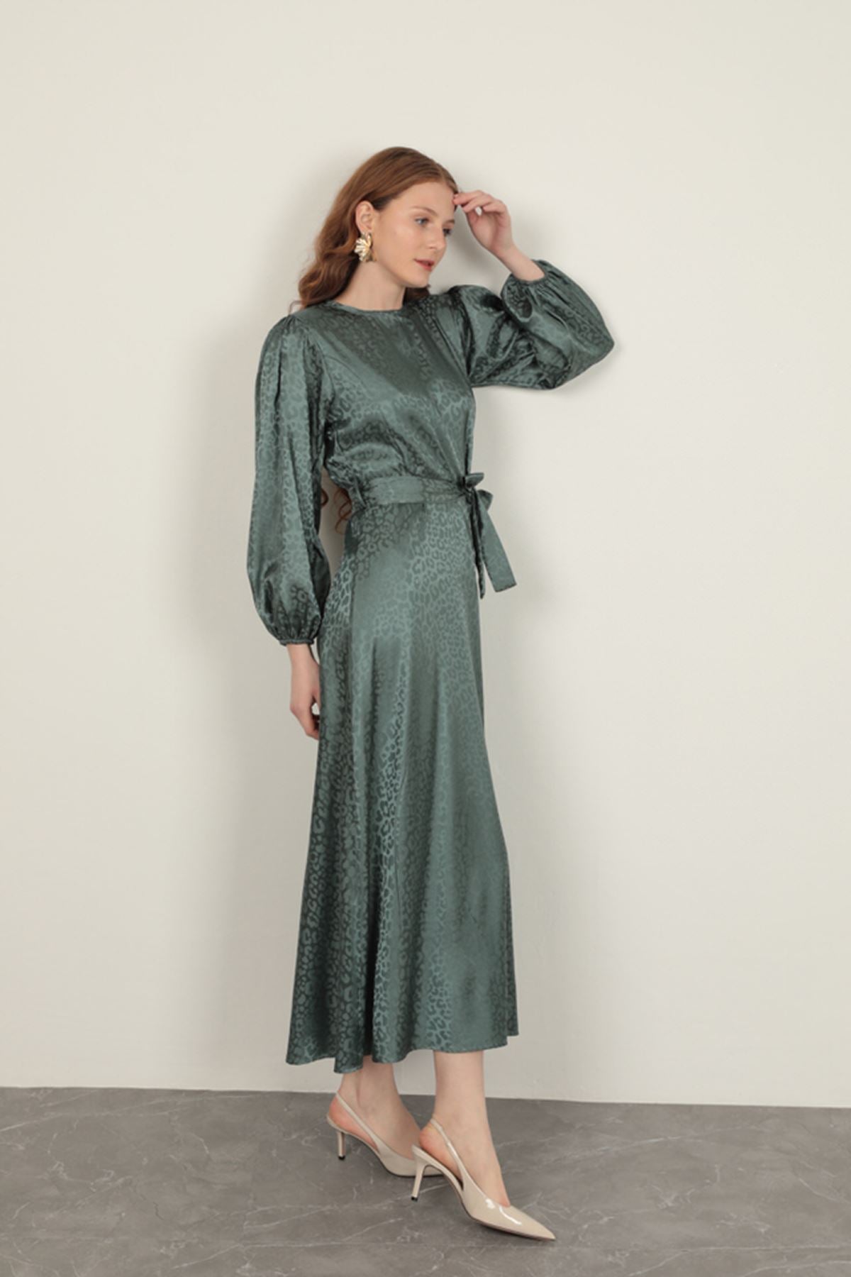 Jakar Kumaş Leopar Desen Kadın Elbise-Yeşil